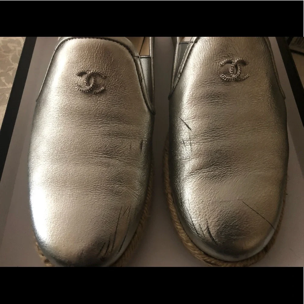 CHANEL Silver Leather Espadrilles